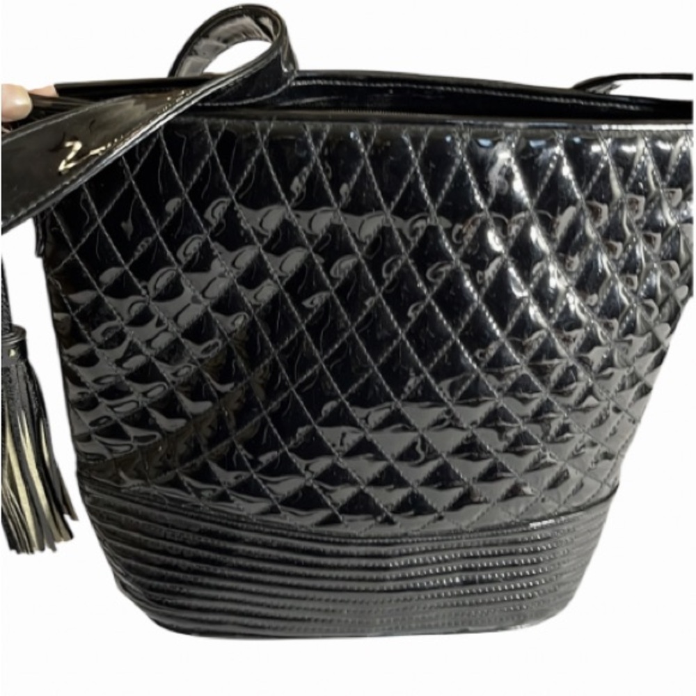 Ramora black quilted patent leather bag long adjustable strap inside zip pocket
